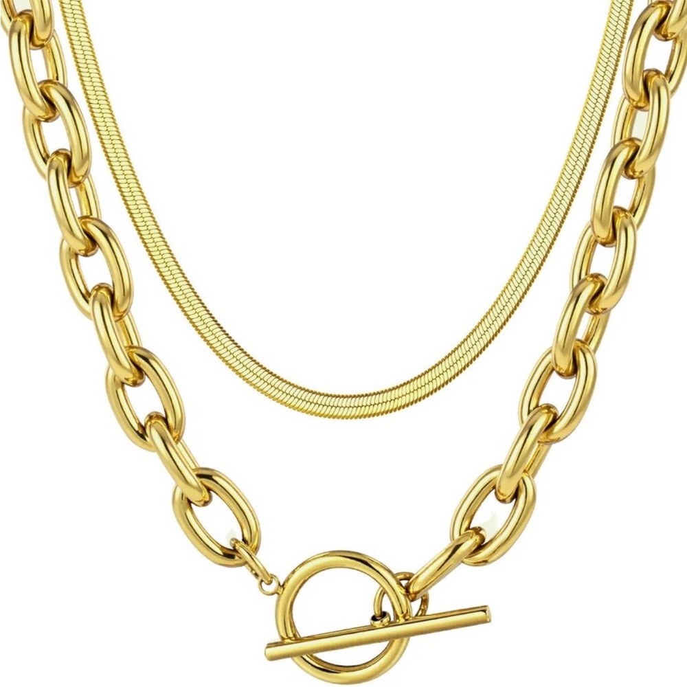 18k Chunky Gold Necklace for Women Sweatproof, Non Tarnish Chunky Layered Chain